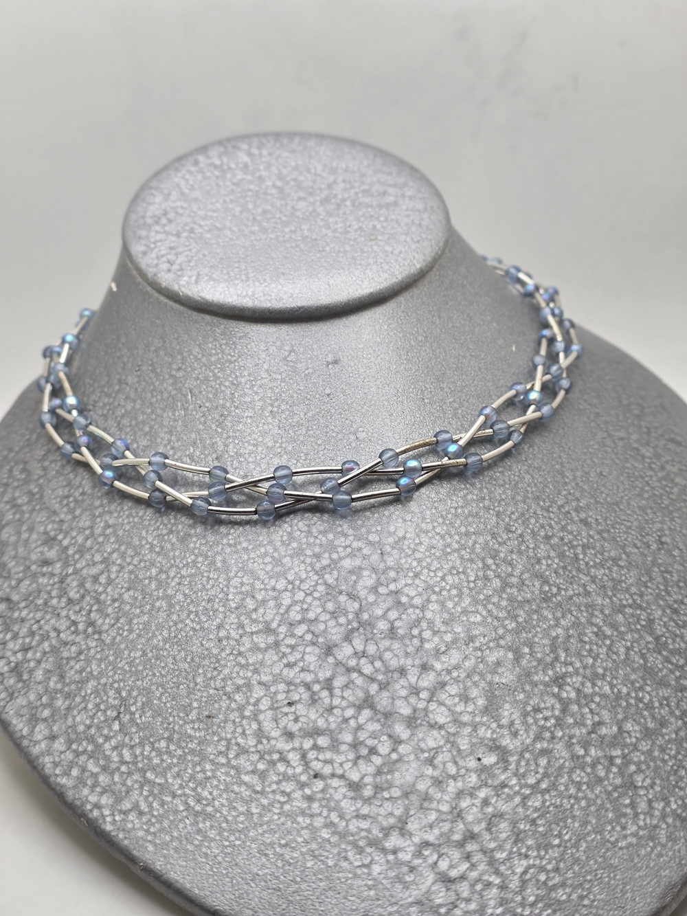 Light Blue Beaded Triple-Strand Choker Necklace